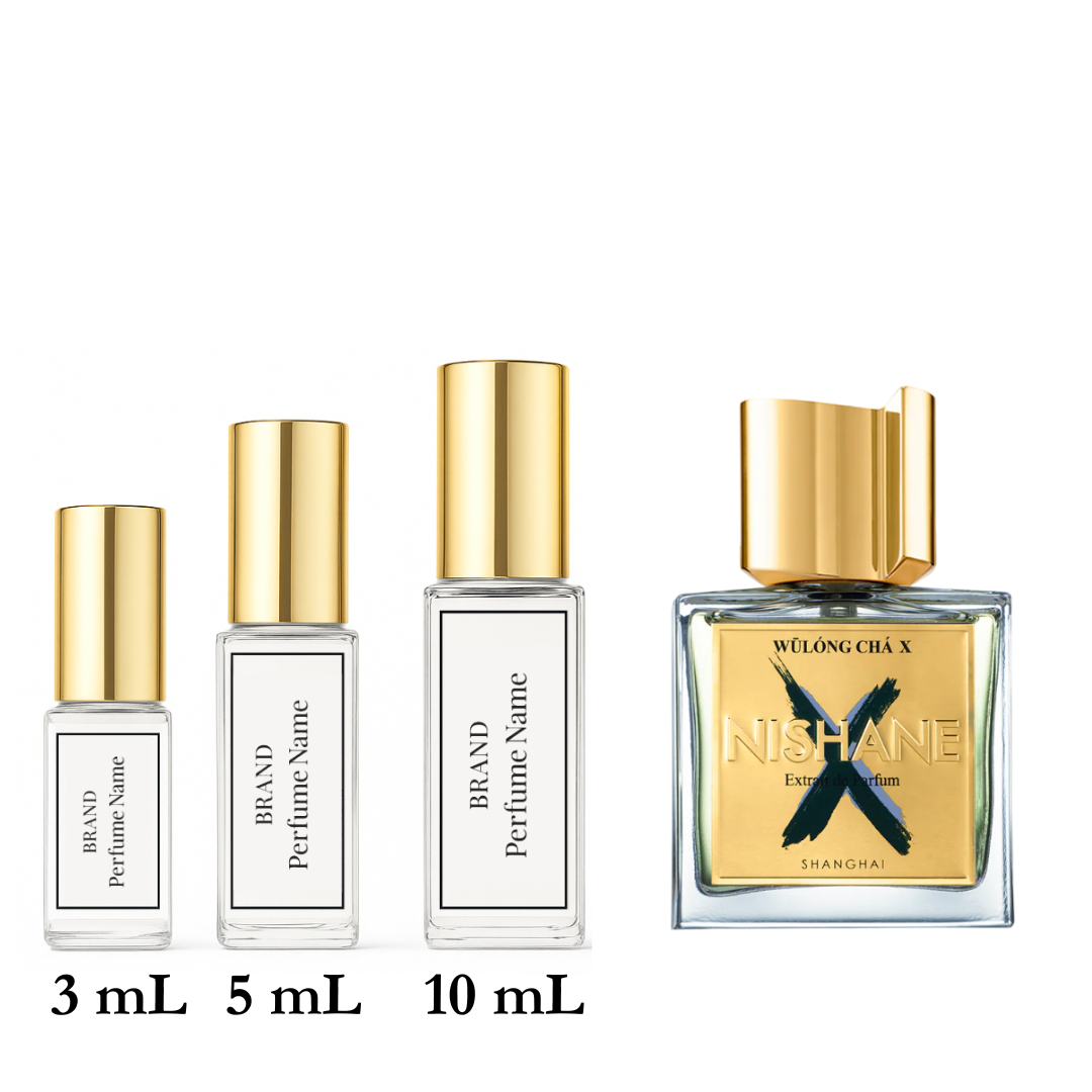 Set of Nishane perfume bottles with different sizes on a white background