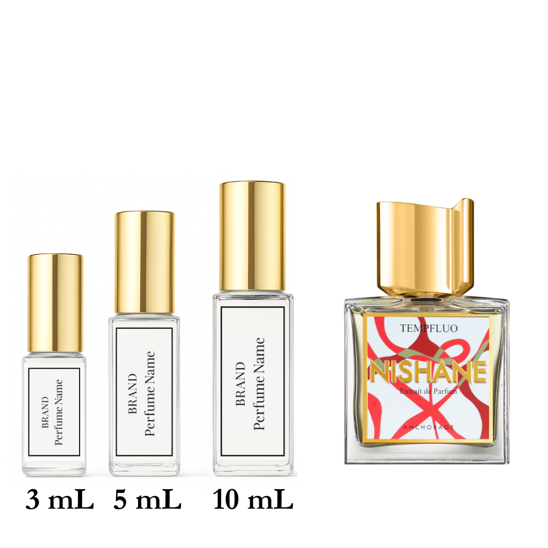 Set of four perfume bottles with varying sizes on a white background
