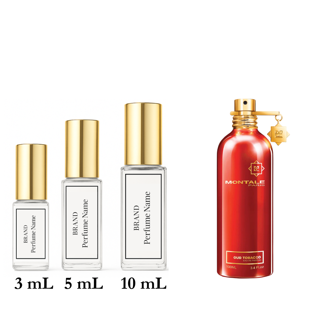 Set of perfume bottles with different sizes on a white background