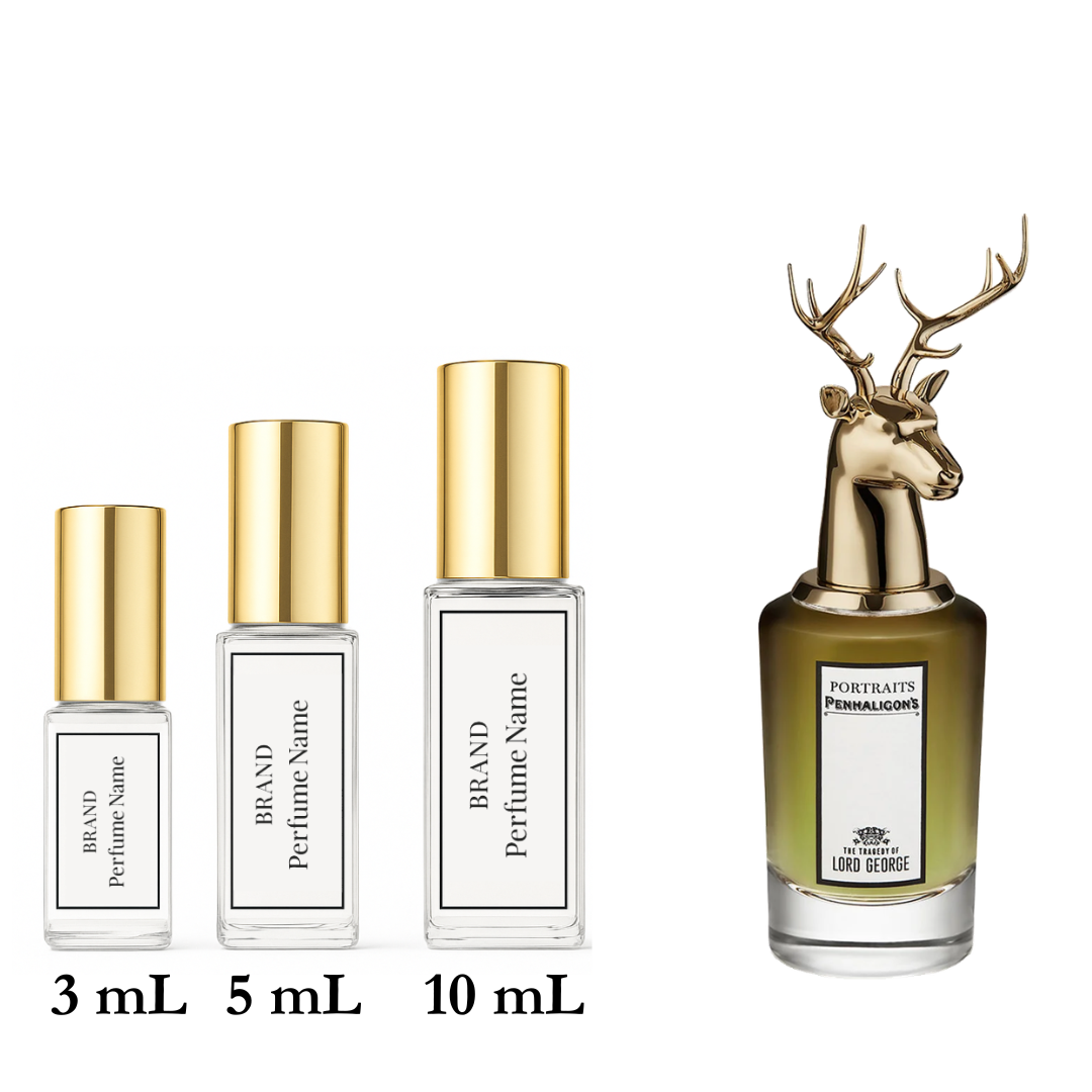 Set of perfume bottles with varying sizes on a white background