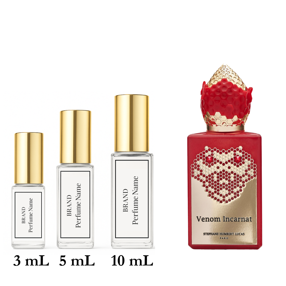 Set of perfume bottles with different sizes on a white background