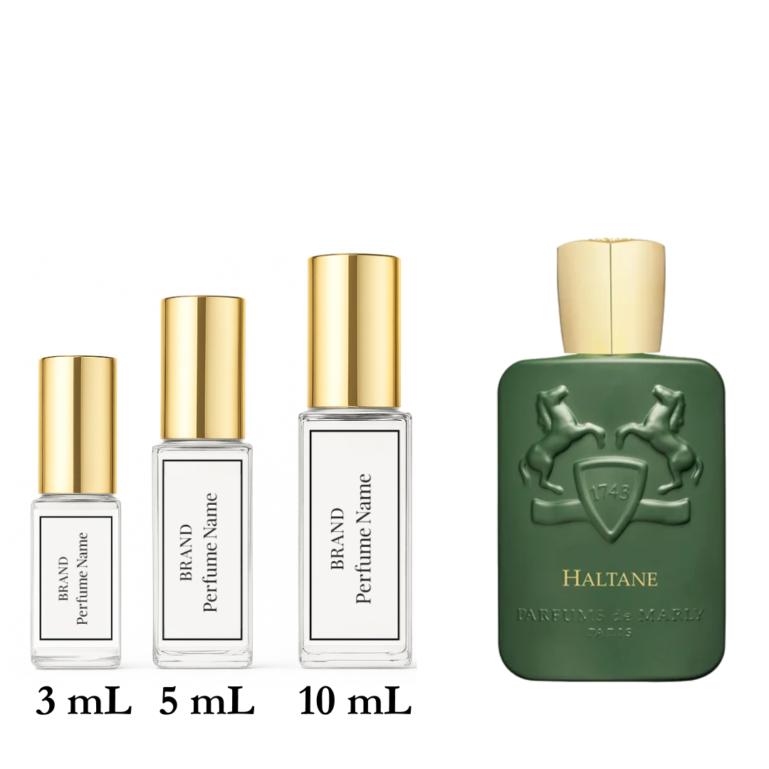 Set of Haltane perfume bottles with different sizes on a white background