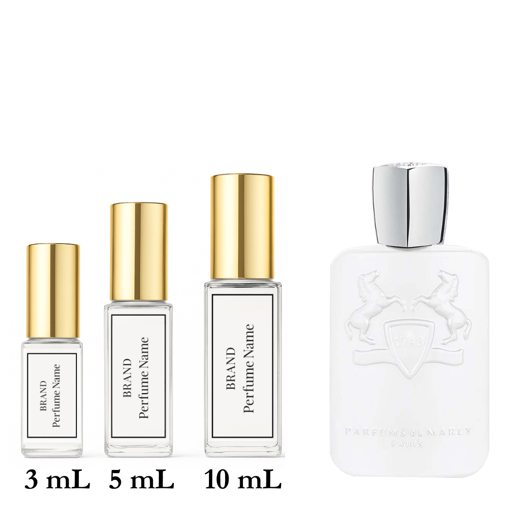 Set of perfume bottles with different sizes on a white background