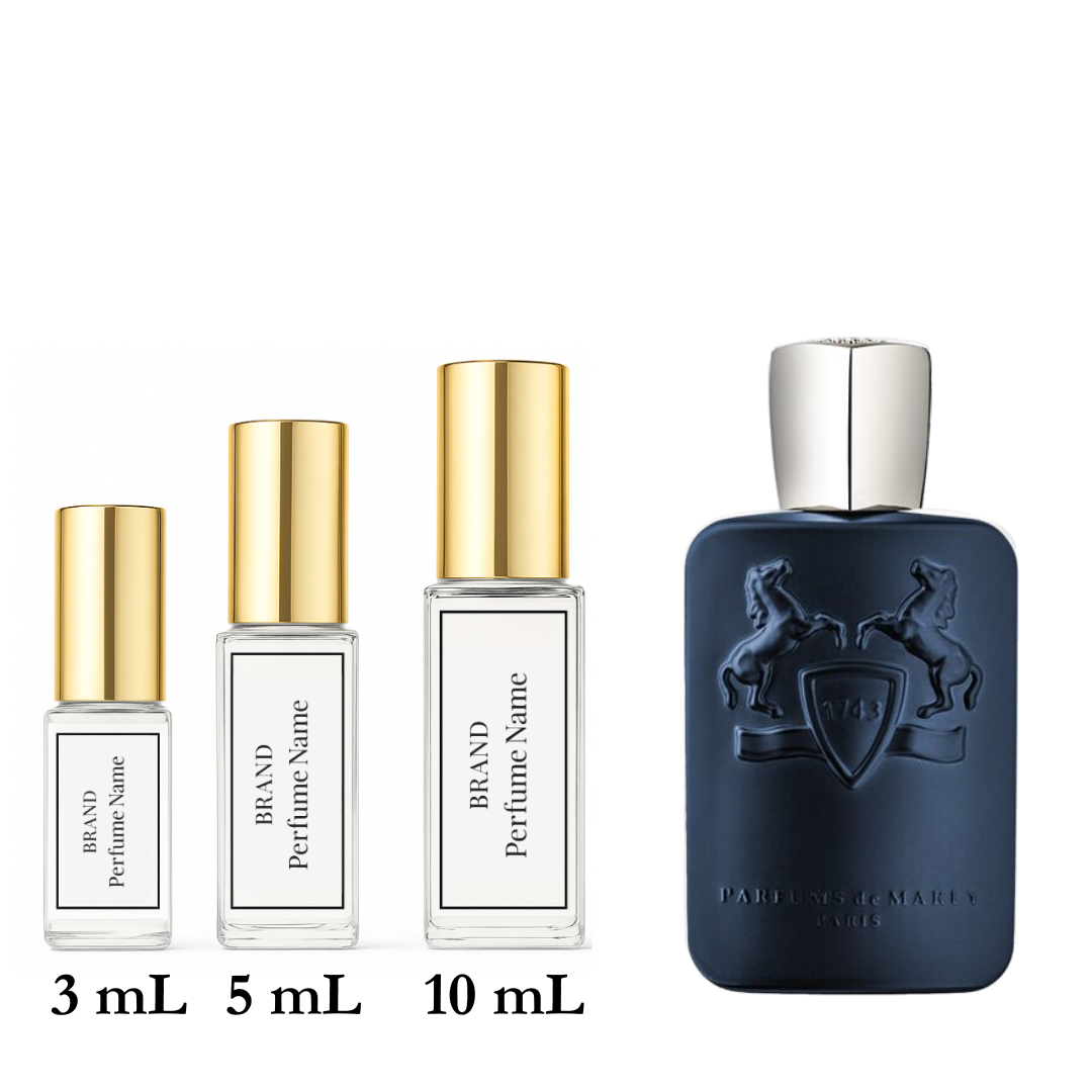 Set of perfume bottles with different sizes on a white background