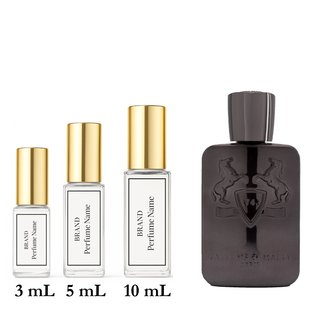 Collection of perfume bottles with different sizes on a white background