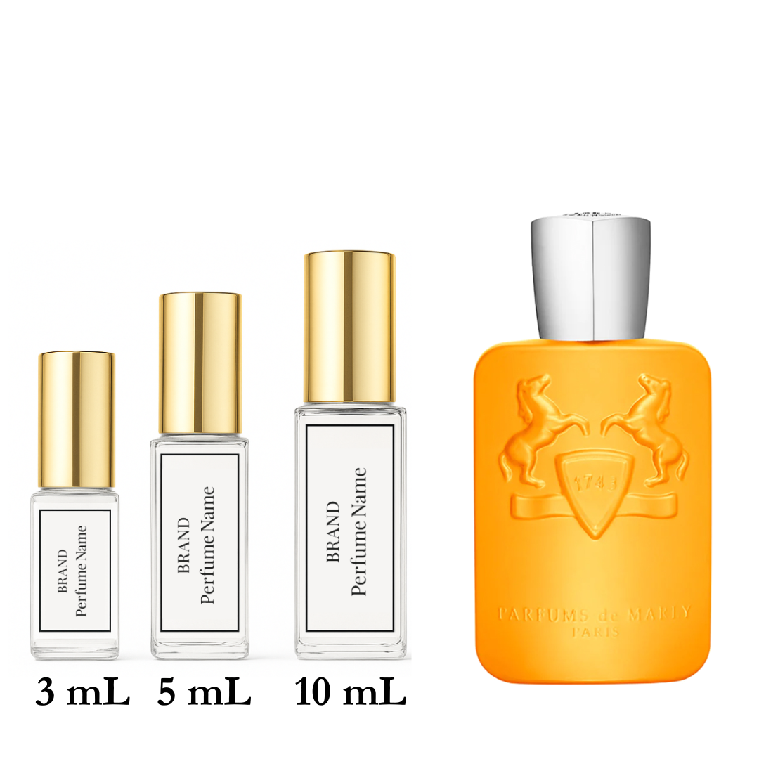 Set of perfume bottles with different sizes on a white background