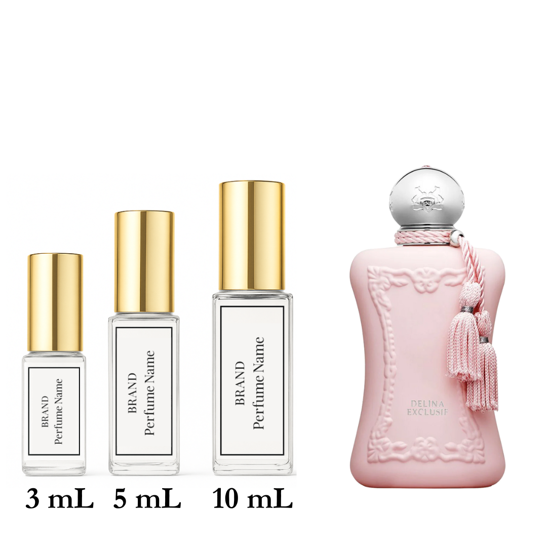 Set of perfume bottles with different sizes on a white background