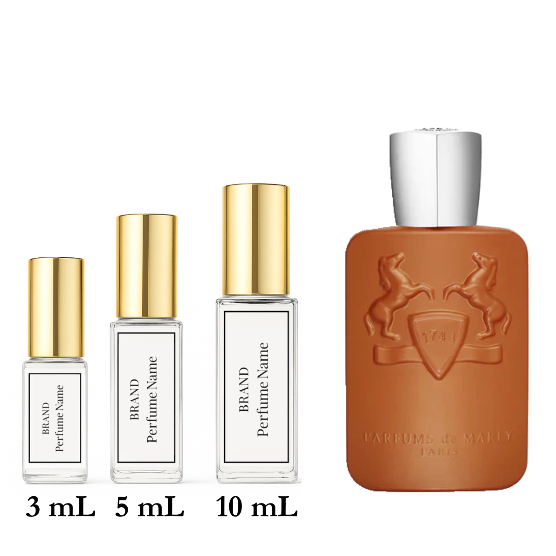 Set of perfume bottles with different sizes on a white background