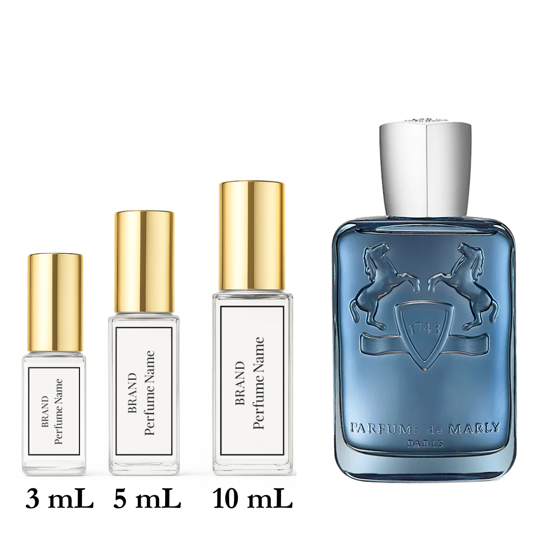 Collection of perfume bottles with different sizes on a white background