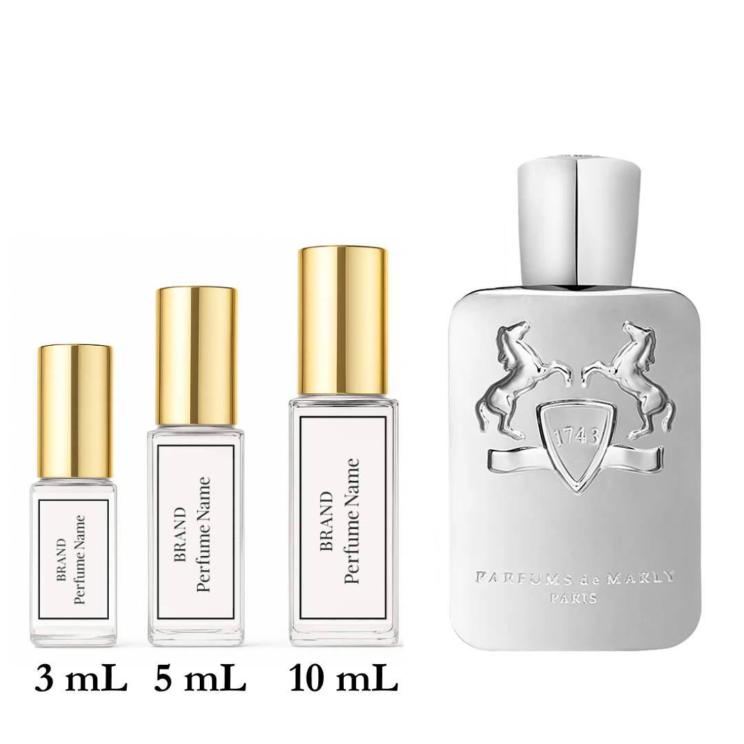 Set of perfume bottles with different sizes on a white background