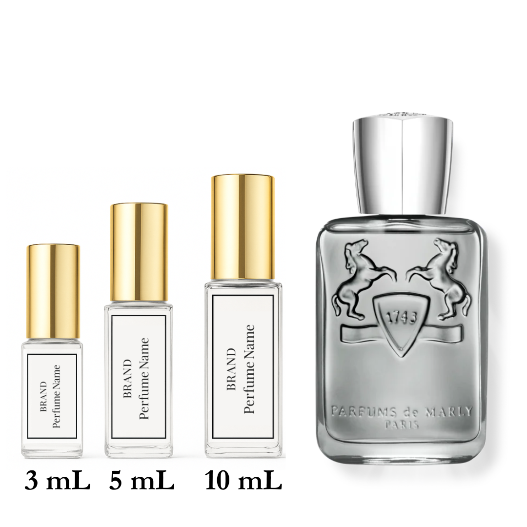 Set of perfume bottles with different sizes on a white background