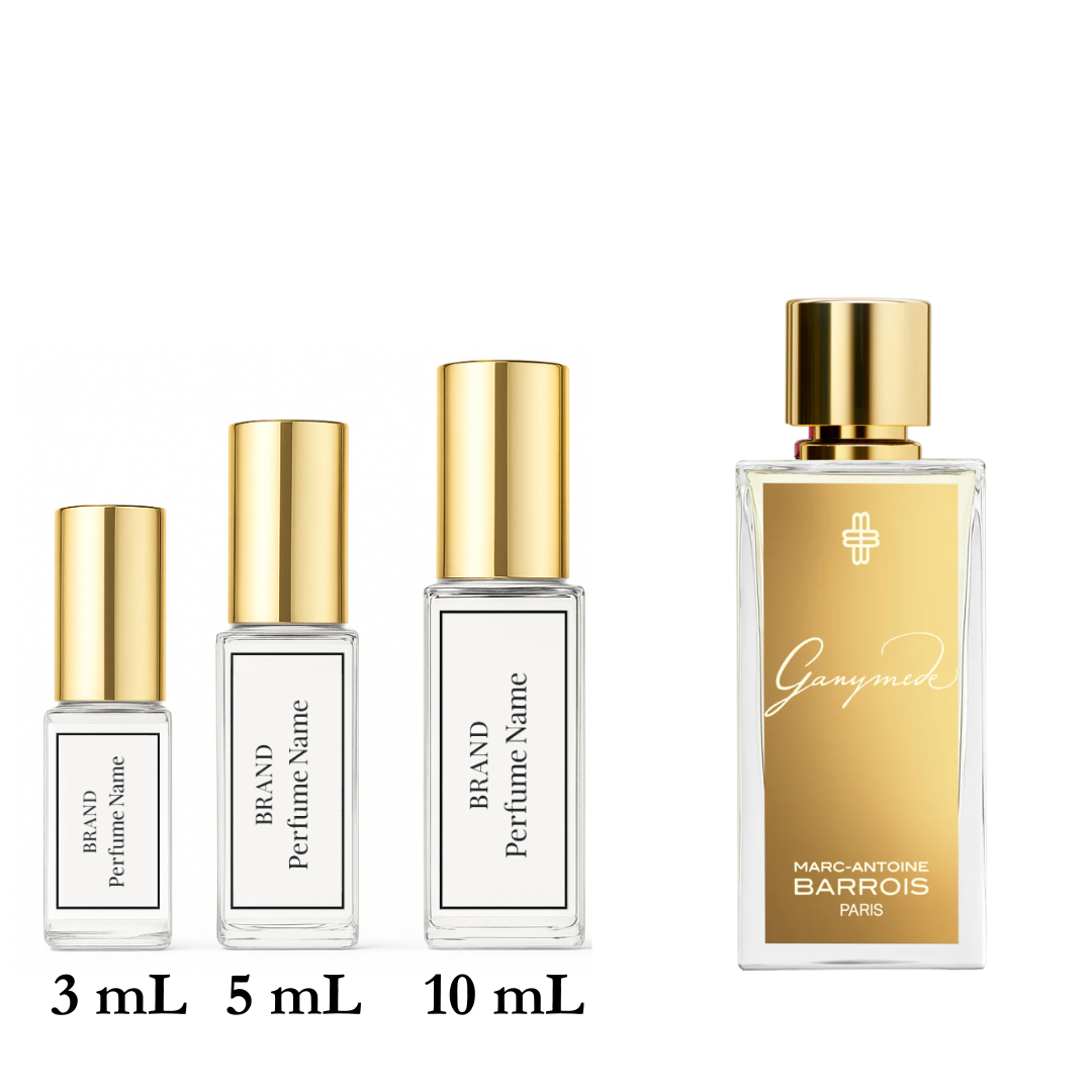 Set of four perfume bottles with varying sizes on a white background