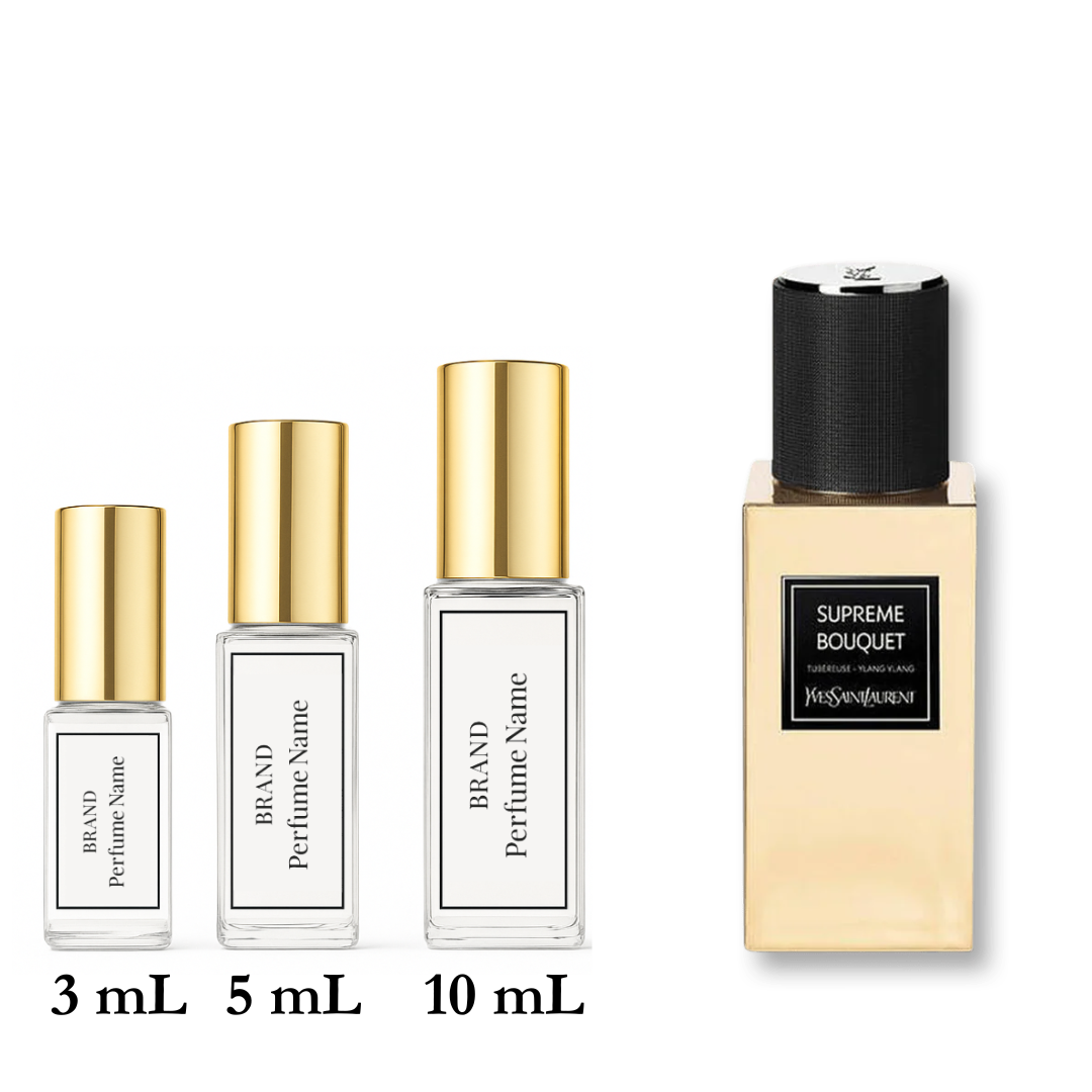 Set of Yves Saint Laurent perfume bottles with different sizes on a white background