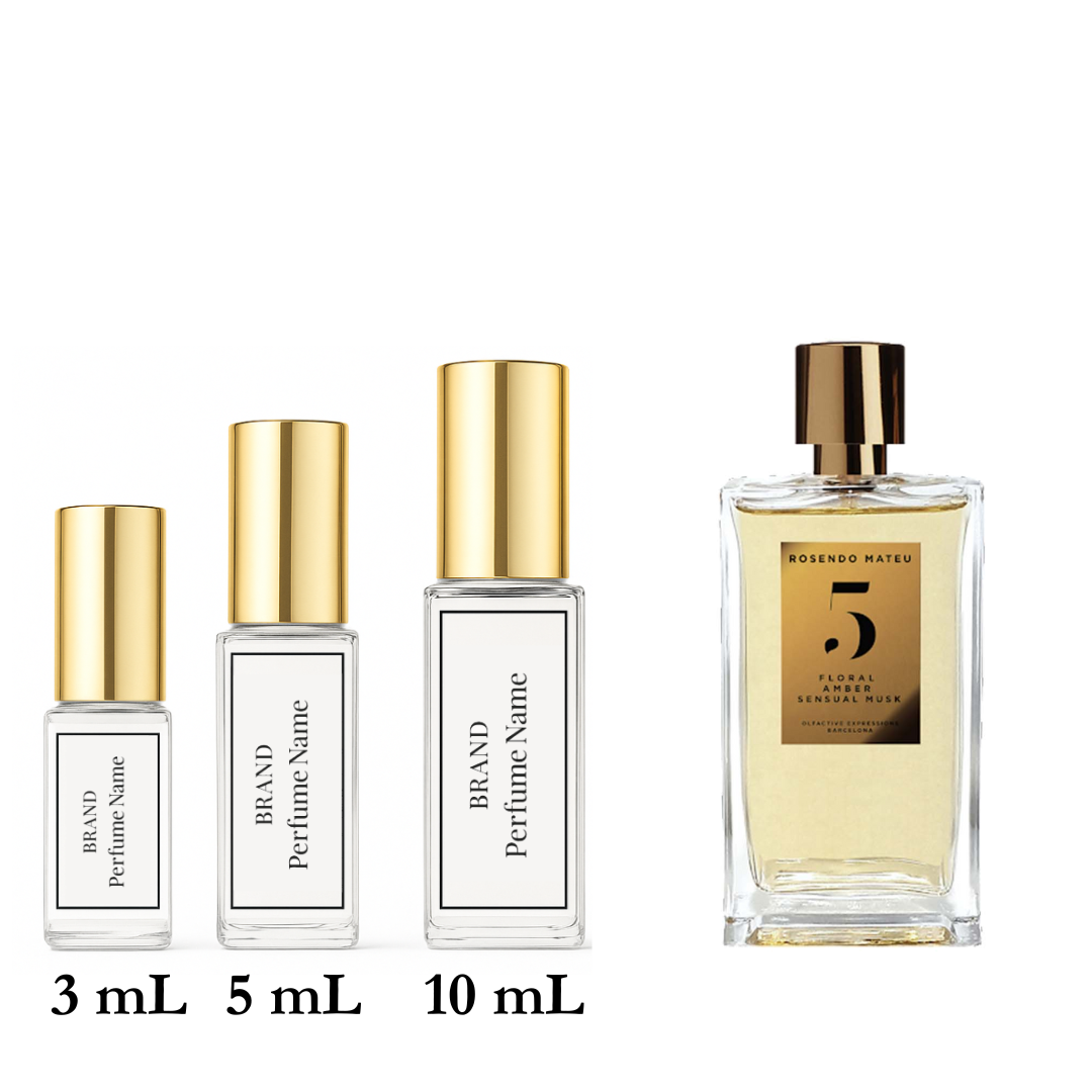 Set of four perfume bottles with varying sizes on a white background