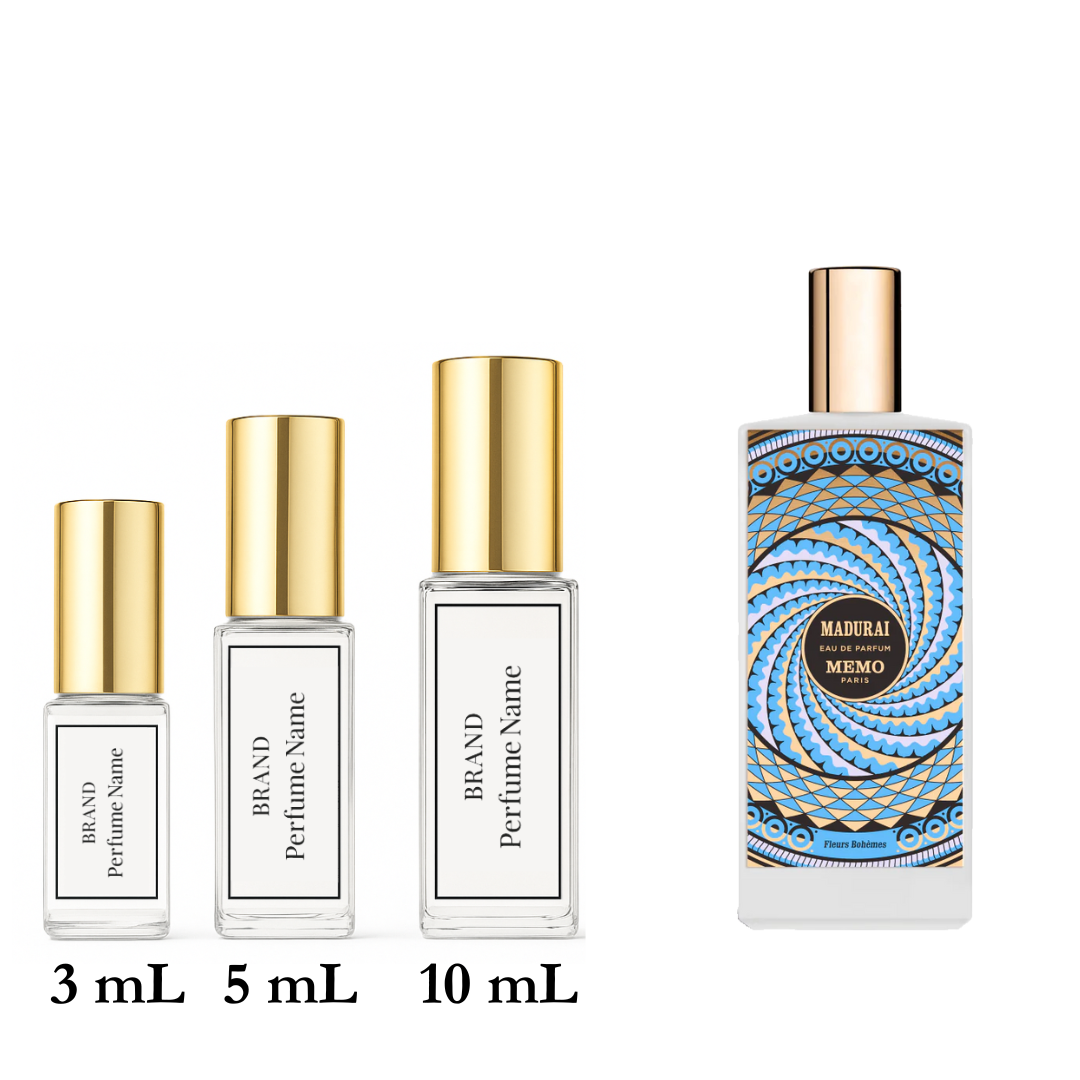 Set of perfume bottles with different capacities on a white background