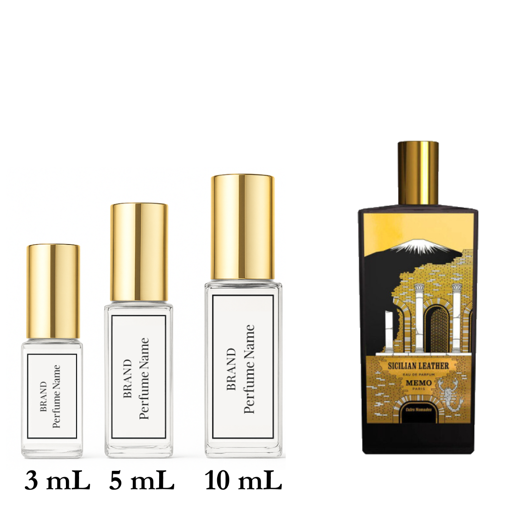 Set of perfume bottles with varying sizes on a white background