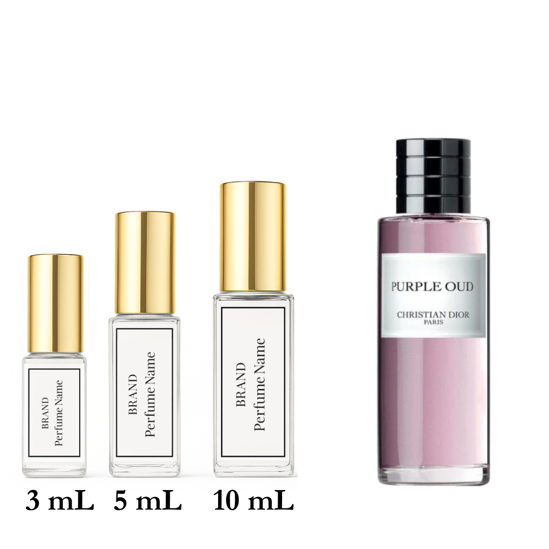 Set of perfume bottles with different sizes and a branded bottle on a white background