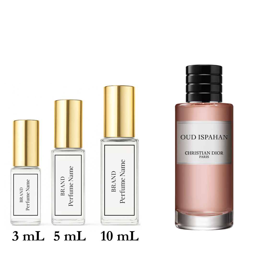 Set of Christian Dior Oud Ispahan perfume bottles with different sizes on a white background