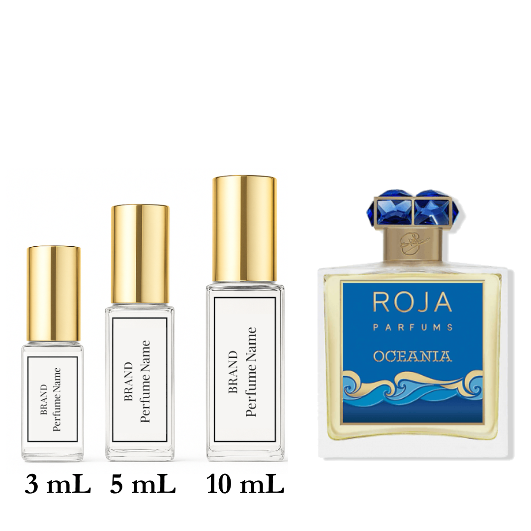 Set of Roja Parfums Oceania perfume bottles with different sizes on a white background