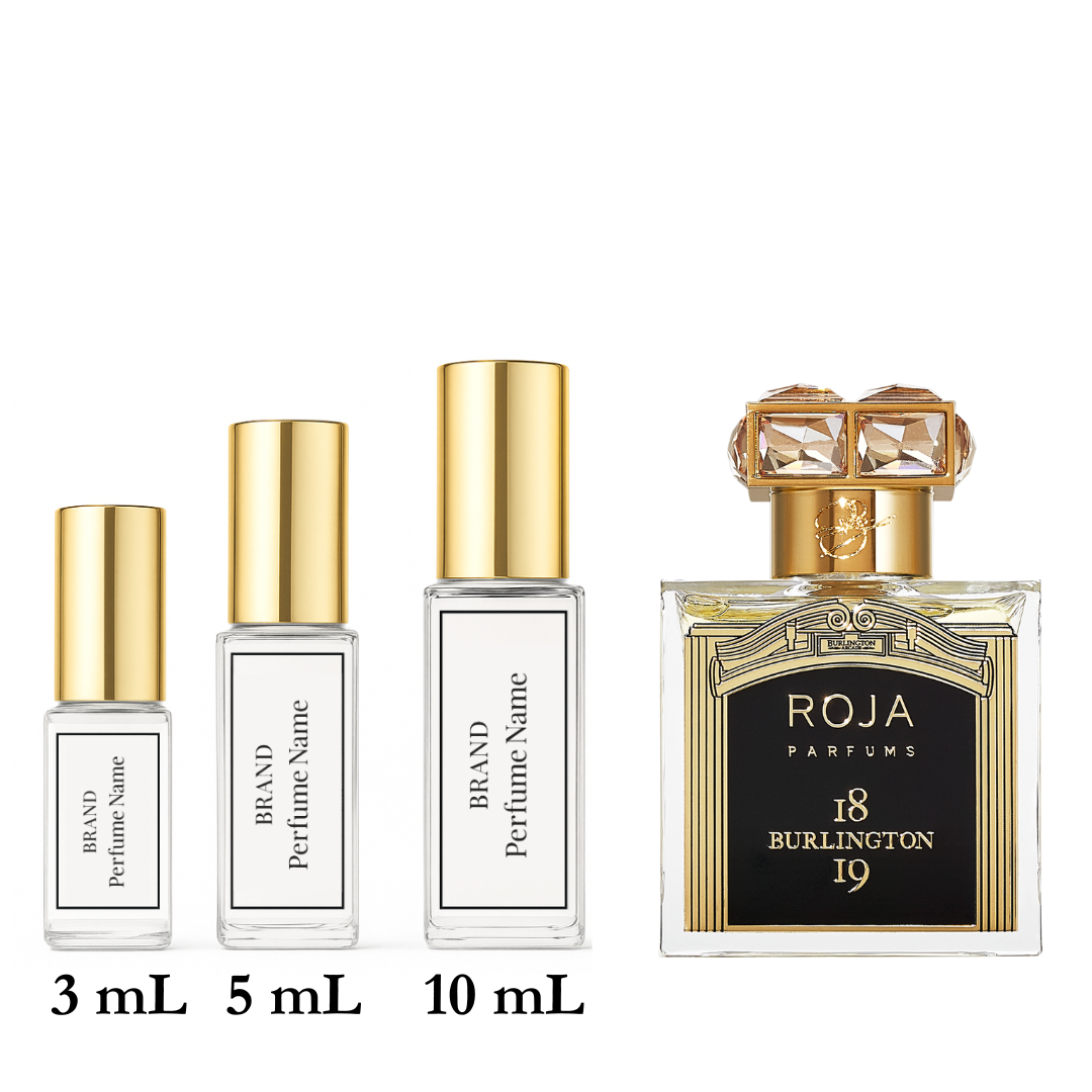 Set of Roja Parfums perfume bottles with different sizes on a white background