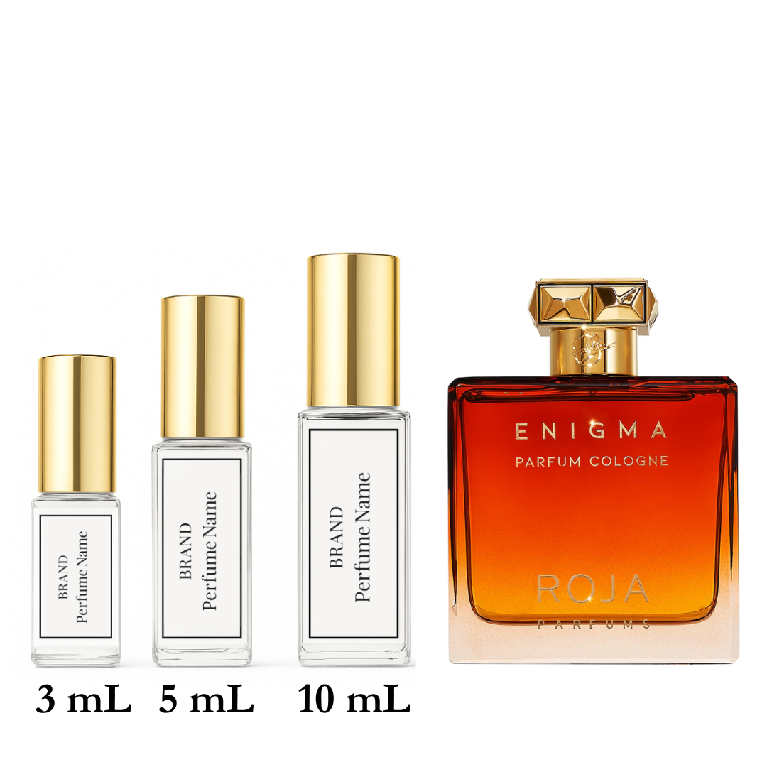 Set of Roja Parfums perfume bottles with different sizes on a white background