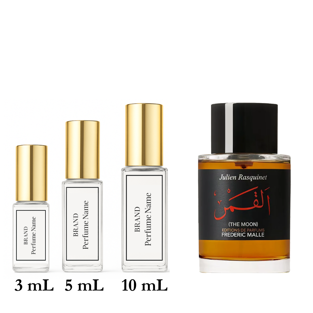 Collection of perfume bottles with different sizes on a white background