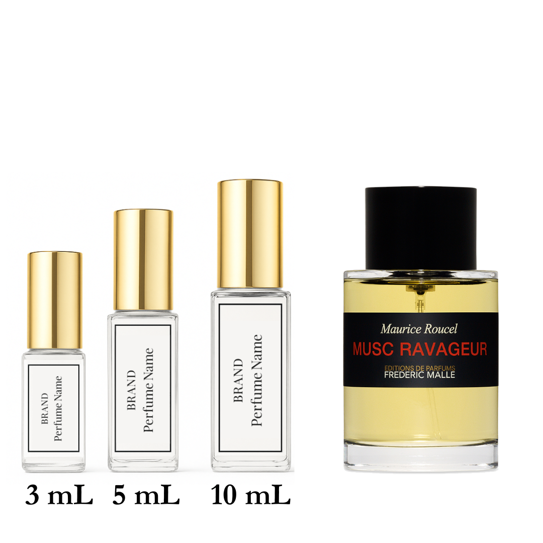 Set of perfume bottles with different sizes on a white background