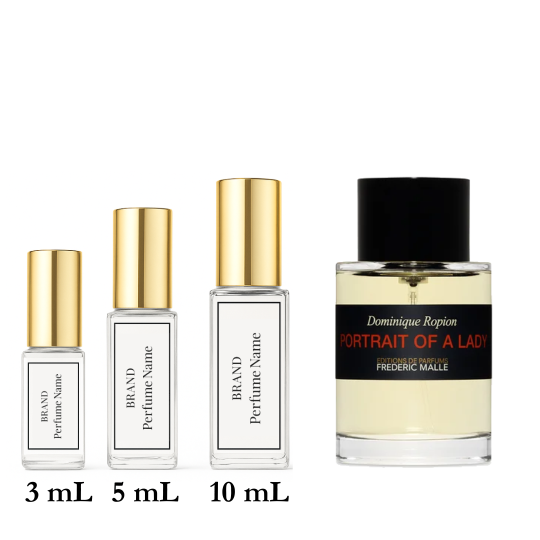 Set of perfume bottles with different sizes on a white background