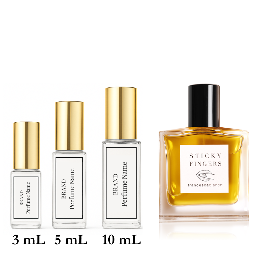 Set of perfume bottles with different sizes on a white background
