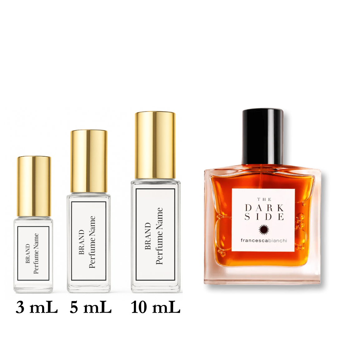 Set of perfume bottles with different sizes on a white background