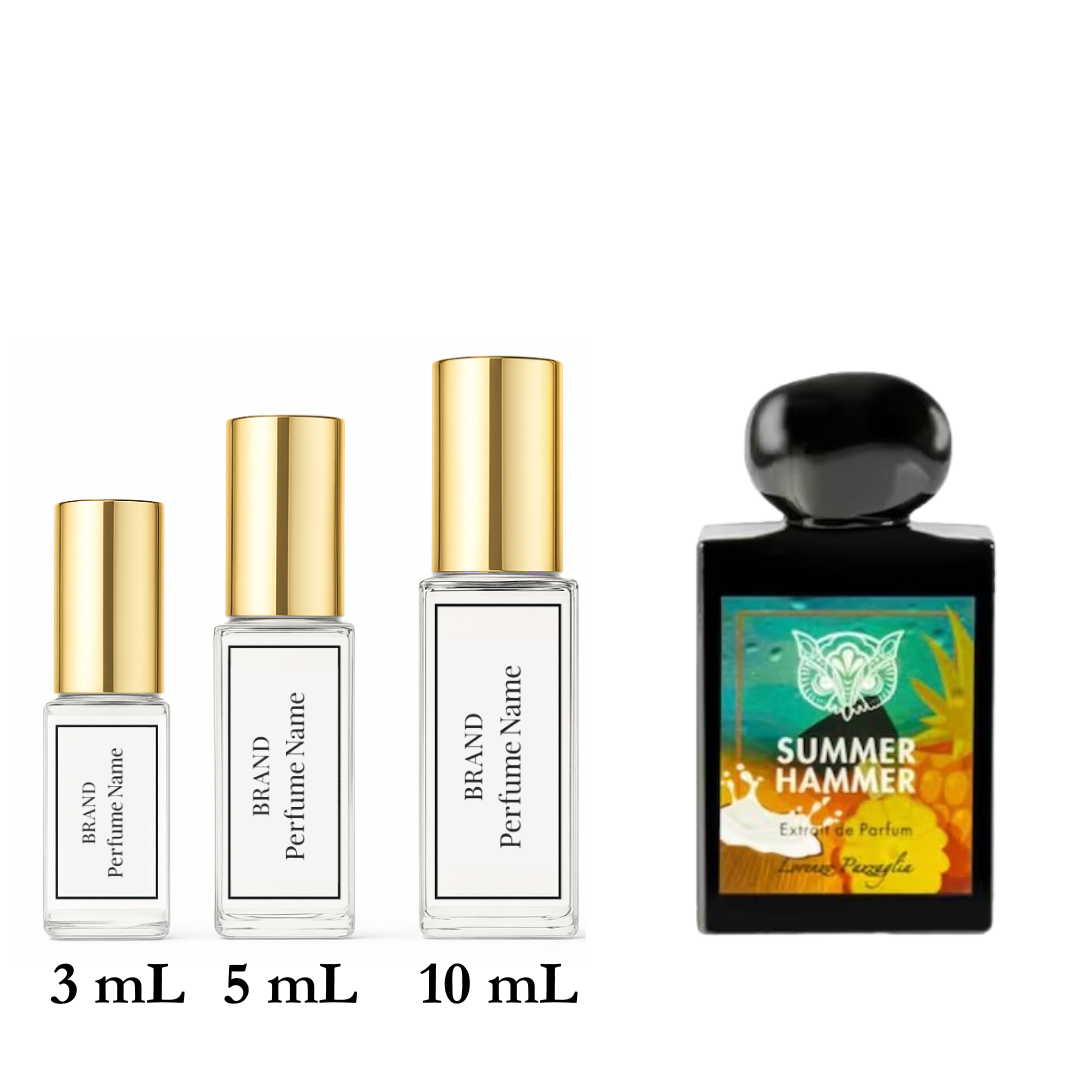 Set of perfume bottles with different sizes on a white background