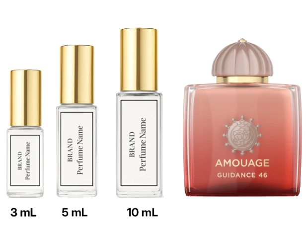 Collection of perfume bottles with varying sizes on a white background