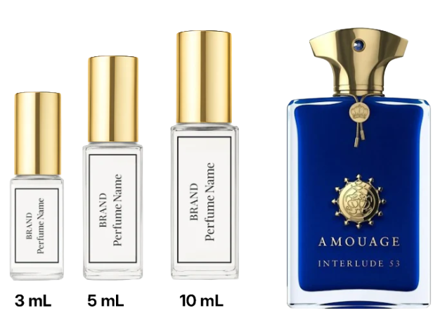Collection of perfume bottles with varying sizes and a prominent blue bottle labeled 'Amouage'.