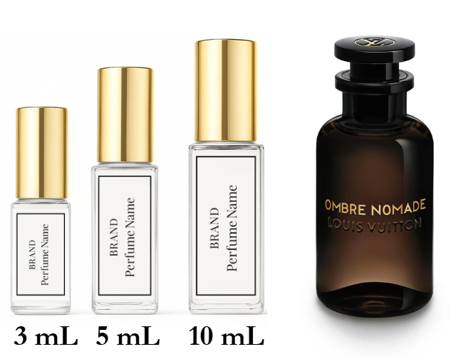 Collection of perfume bottles with different sizes on a white background