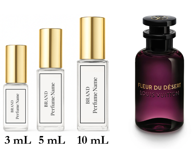 Four perfume bottles of different sizes with gold, white, and black caps on a white background.