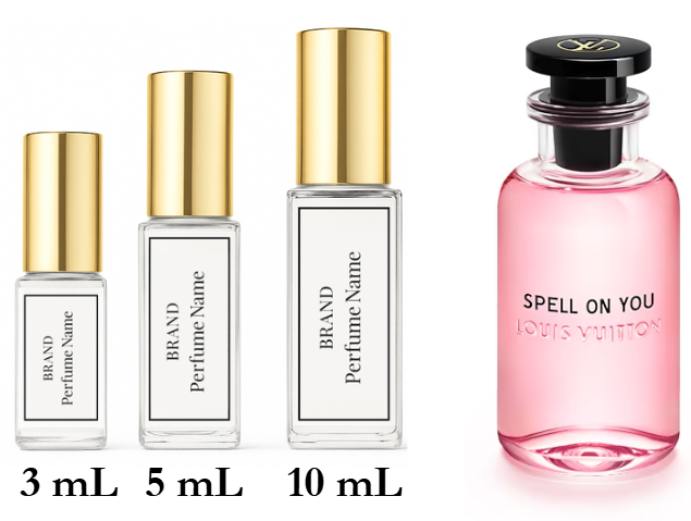 Collection of perfume bottles with different sizes on a white background