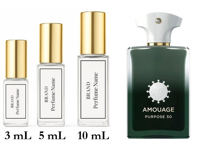 Collection of perfume bottles with different sizes and a prominent green bottle labeled 'Amouage'.