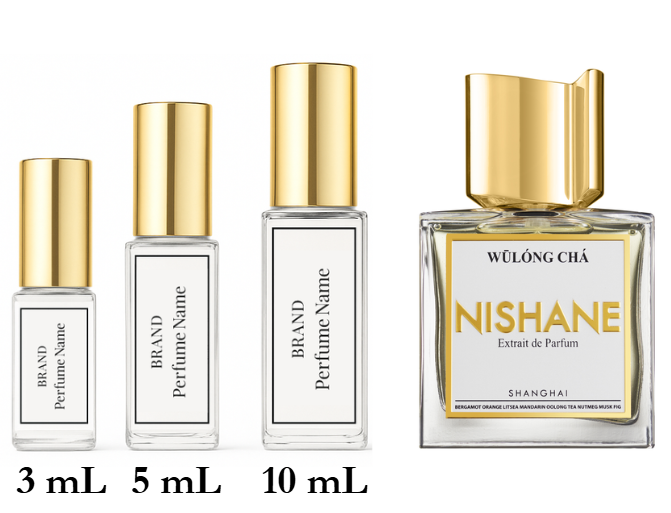 Four perfume bottles with varying sizes on a white background