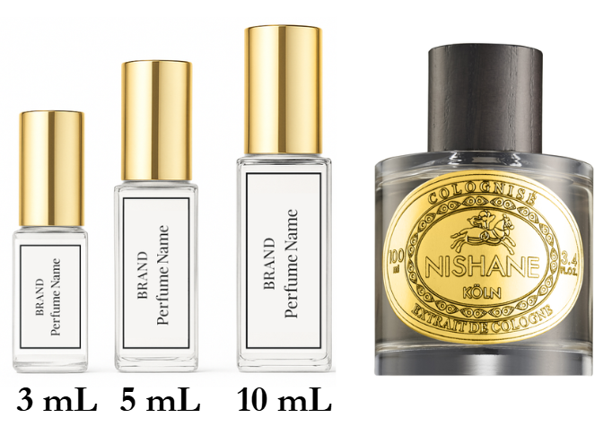 Set of Nishane perfume bottles with different sizes on a white background
