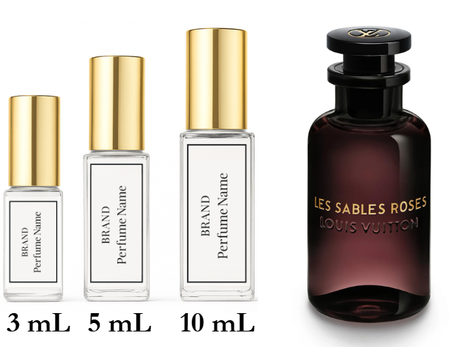 Collection of perfume bottles with different sizes and a prominent Louis Vuitton bottle.