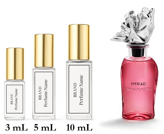 Collection of perfume bottles with different sizes and a prominent pink bottle labeled 'Myriad' by Louis Vuitton.