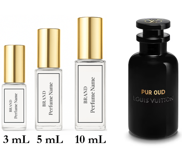 Four perfume bottles of different sizes with gold and black caps on a white background.