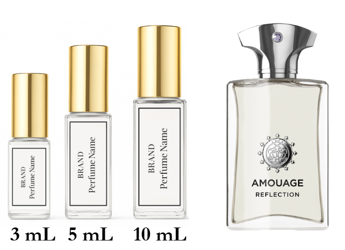 Collection of Amouage perfume bottles with different sizes on a white background