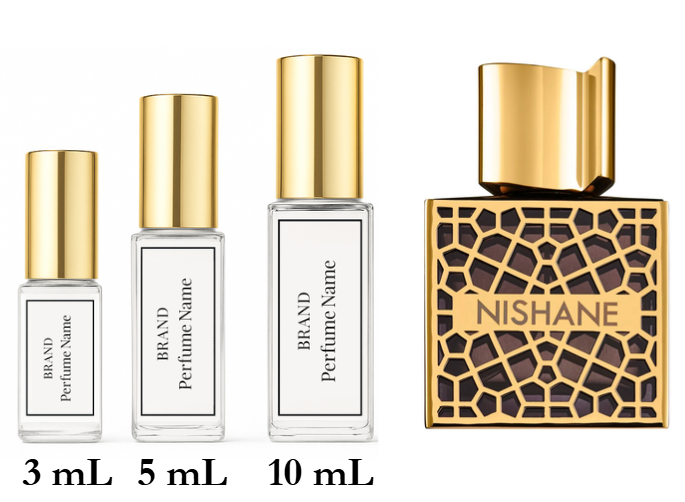 Collection of Nishane perfume bottles with different sizes on a white background