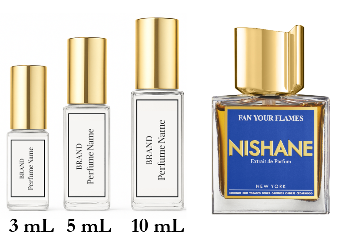 Four Nishane perfume bottles of different sizes on a white background