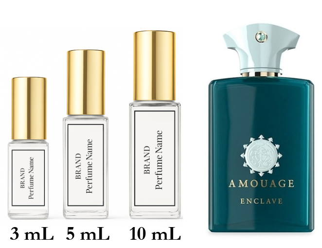 Collection of perfume bottles with different sizes and a prominent Amouage Enclave bottle.