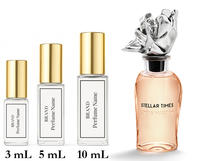 Set of perfume bottles with different capacities and a branded bottle on a white background