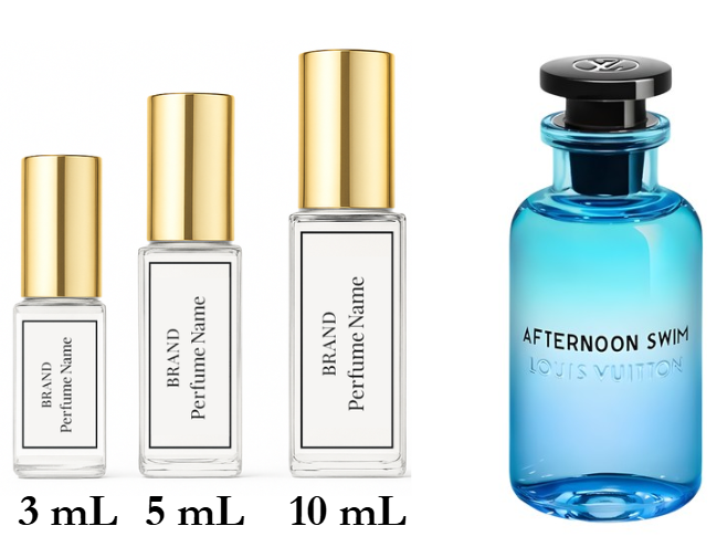 Collection of perfume bottles with different sizes and a blue bottle labeled 'Afternoon Swim' by Louis Vuitton.